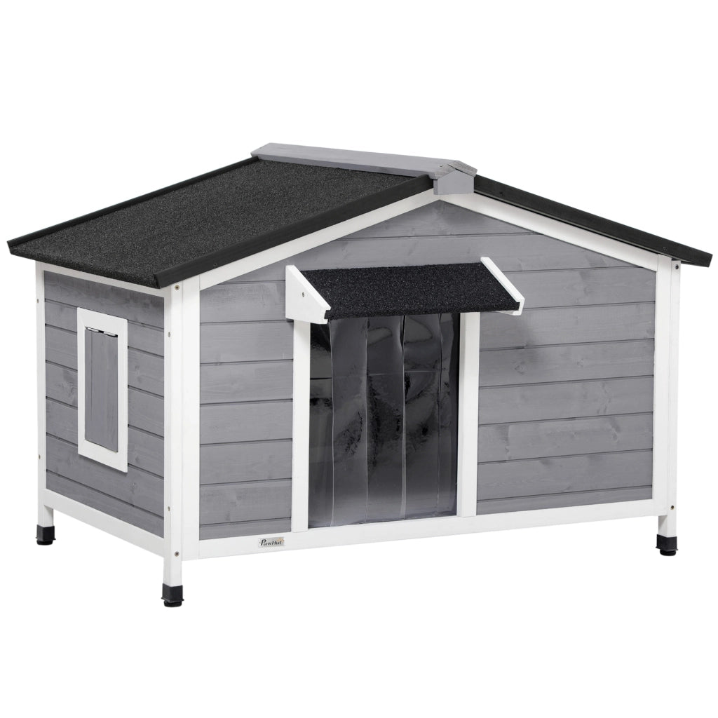 Cuccia per Cani in Legno Massello ¨C Xylo ¨C Tetto Impermeabile 109x79x72 cm Grigio Bianco