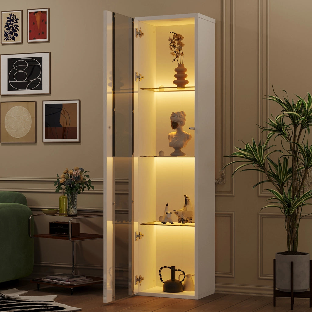 Vetrina multifunzionale bianca 40 x 29 x 170 cm con 4 livelli, illuminazione LED RGB controllata da app e montaggio a parete