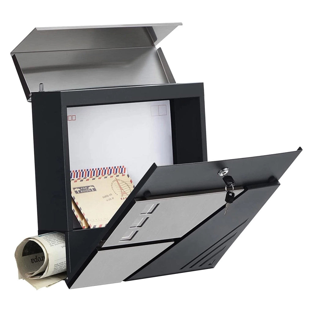 Cassetta postale a parete con finestrelle di visualizzazione in acciaio inox per cancello/porta d'ingresso con serratura e chiavi argento e grigio antracite 12_0001888