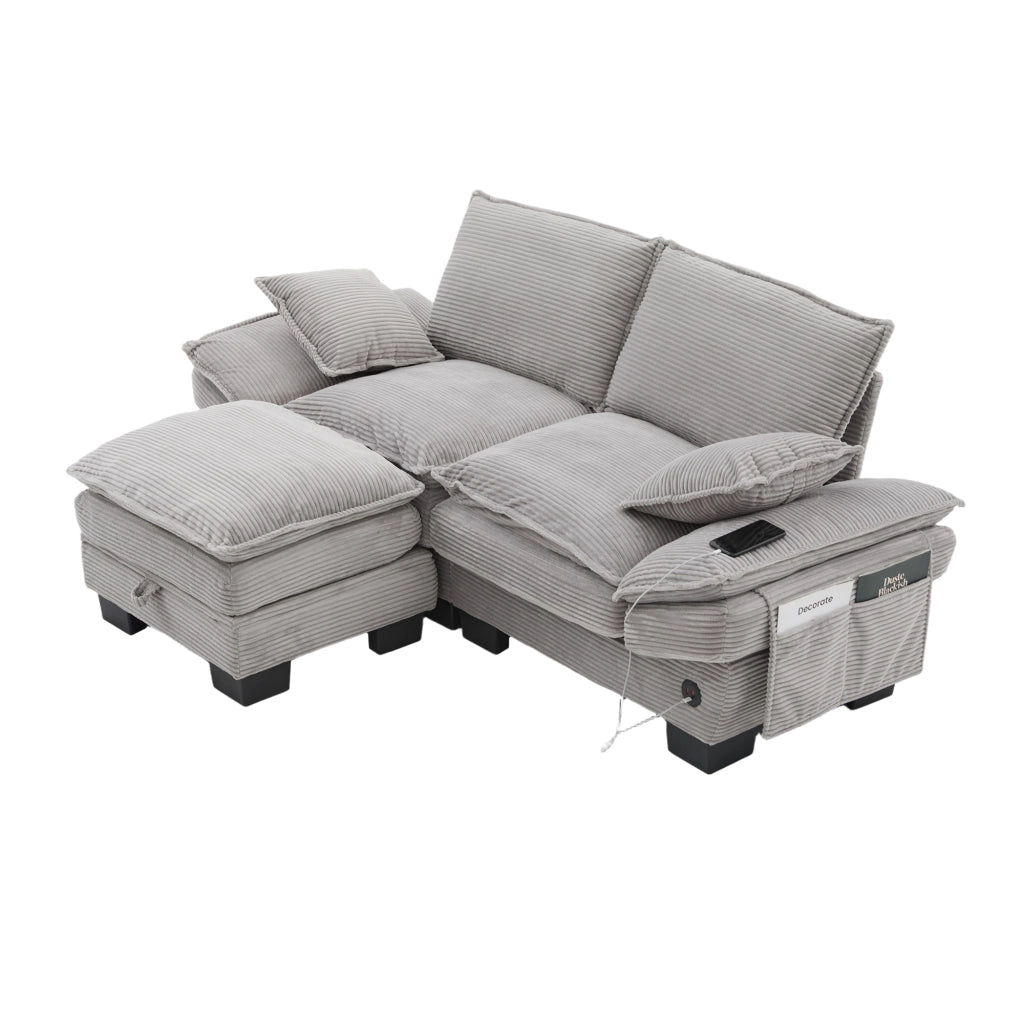 Divano 2 posti in corduroy con pouf, USB-C, tasche laterali, grigio chiaro