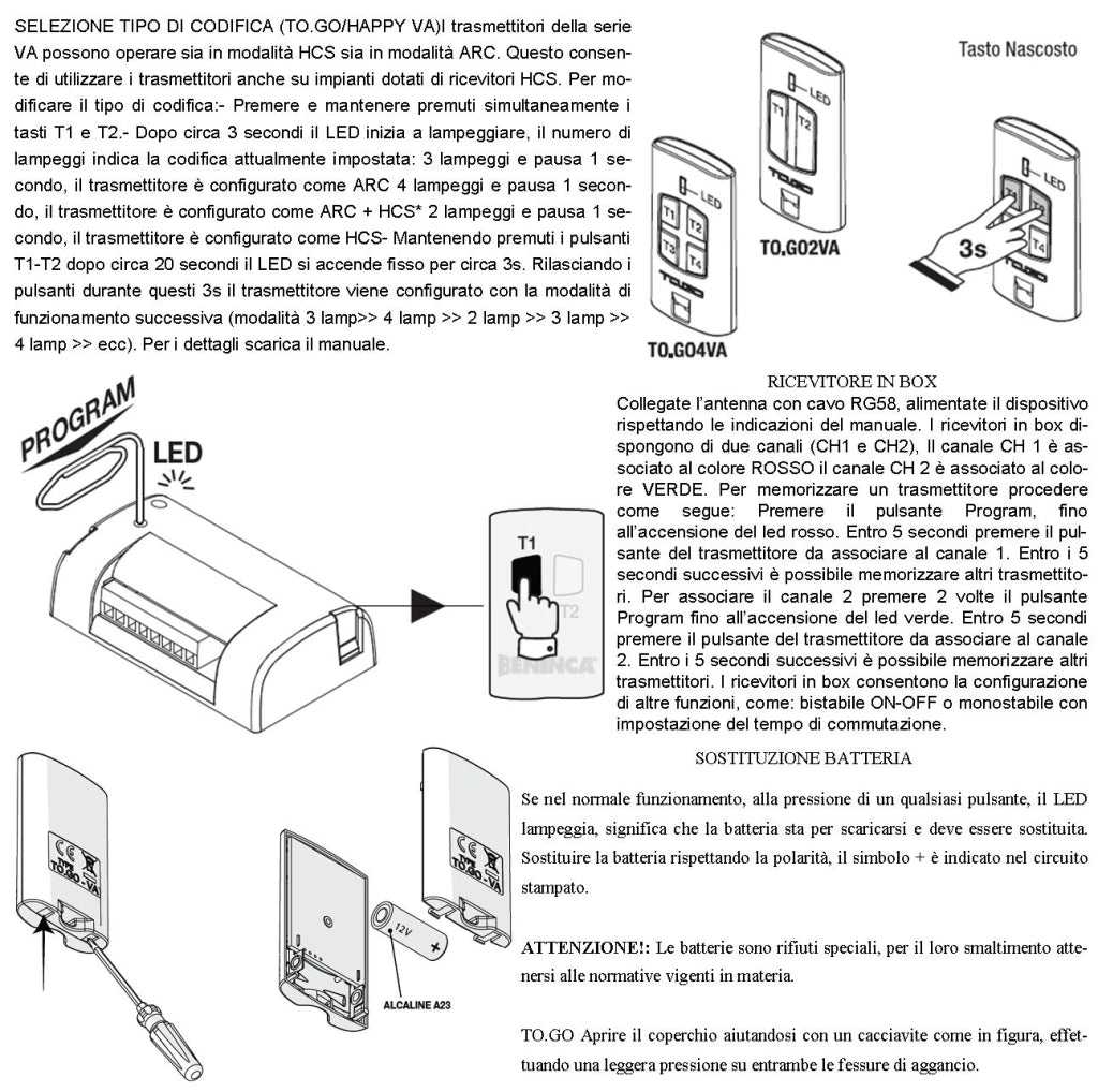 Telecomando Bicanale Frequenza 433,92 MHz Portata Libera 60/100 MT TO.GO Codice Sicurezza Advanced Rolling Code 128 Bit Batteria 12 V 23A Contenitore ABS Nero Tasti Gialli Comando Automatismo Benincà