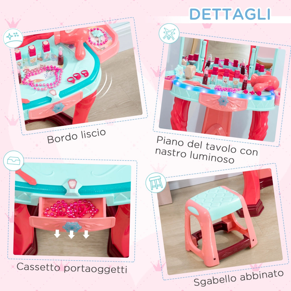 Toeletta Bambini con Sgabello Specchio LED ¨C Xylo ¨C Rosa Multicolore 57x34x76