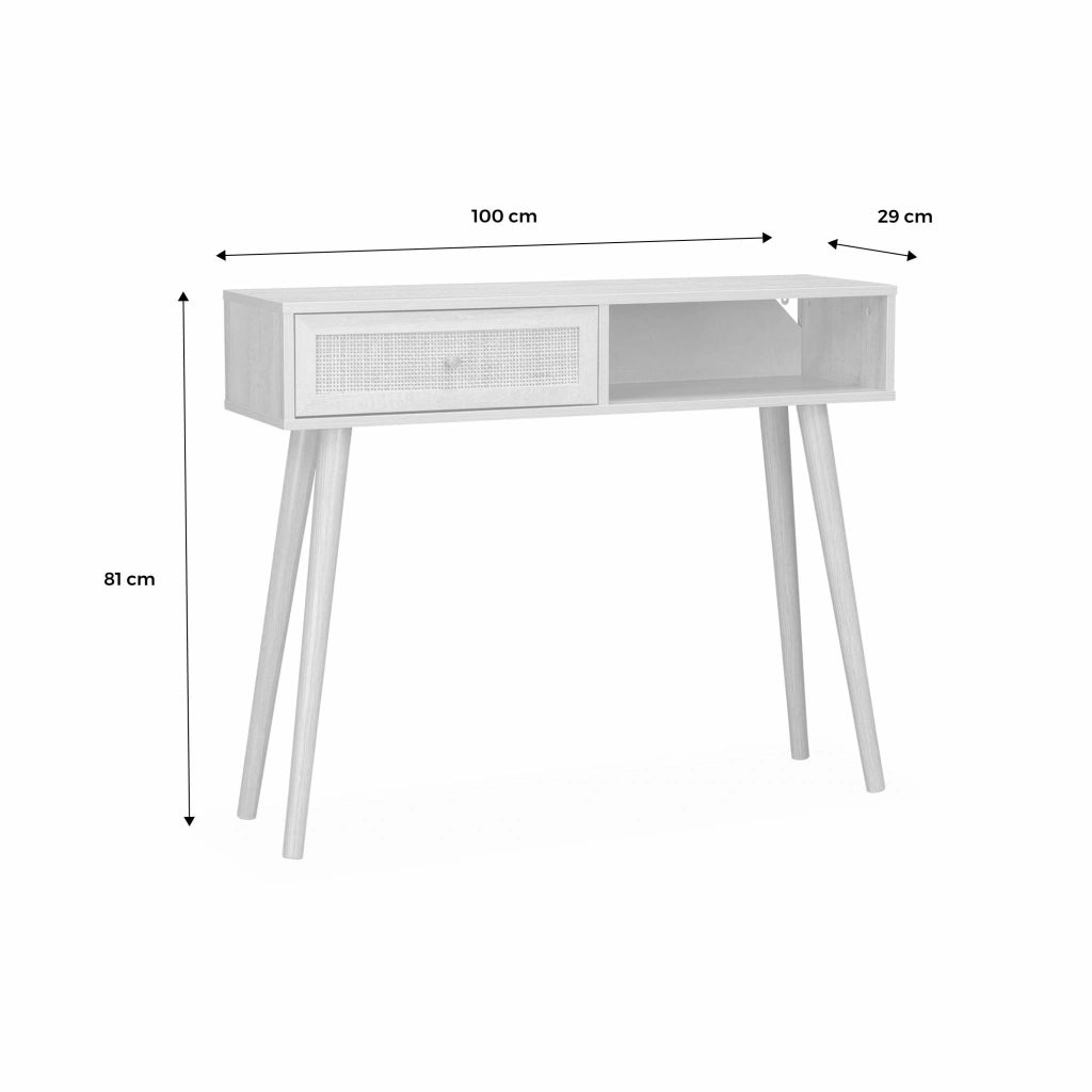Consolle scandinava con effetto legno e canna, 100cm, bianco sporco