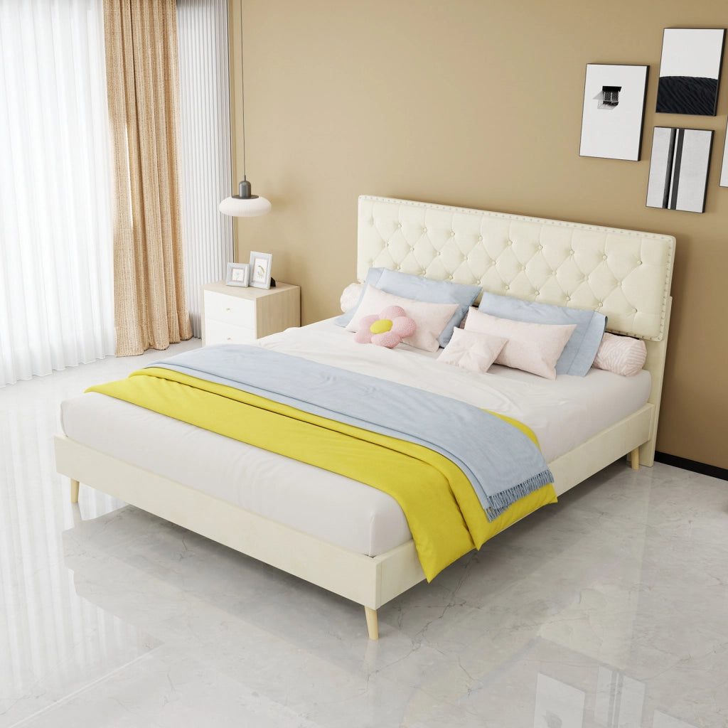 DESMIU Letto 160 × 200 cm 2 posti con vano sotto il letto, senza materasso, in tessuto, beige