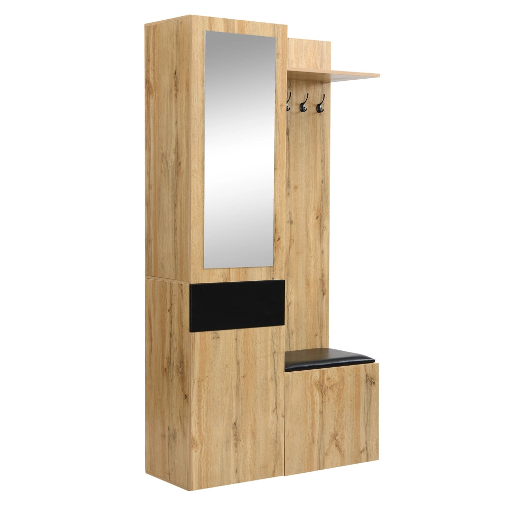 Set guardaroba da ingresso con specchio e 5 ganci; contenitore multifunzione in MDF nero e naturale