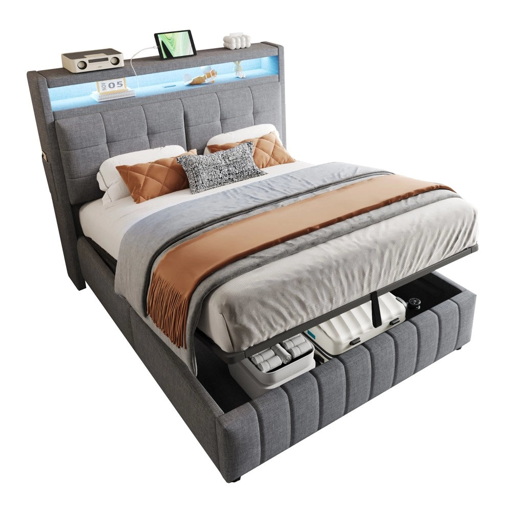 Letto Imbottito Contenitore 140x200 con LED ¨C Xylo ¨C Tessuto Grigio, Idraulico, Rete a Doghe