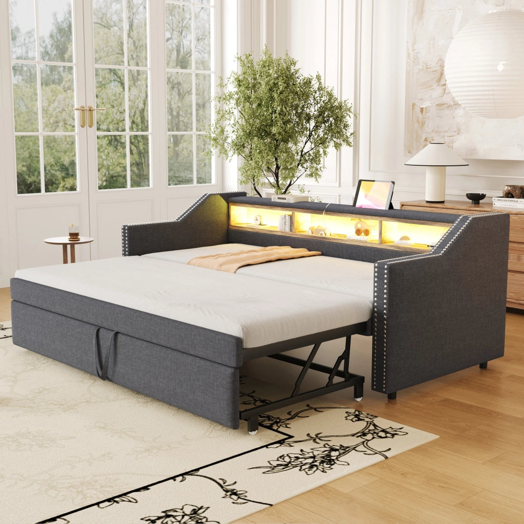 DIVANO LETTO Estraibile 90/180 x 190 cm Grigio Scuro con USB e LED
