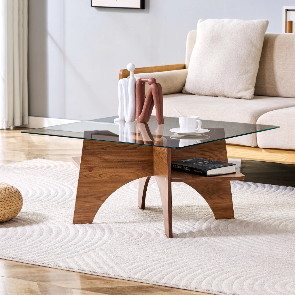 Tavolino/tavolino da caff¨¨ moderno di forma quadrata, realizzato in vetro temperato ¨C lati di 80 cm. Gambe in MDF con finitura effetto noce. Ideale pe