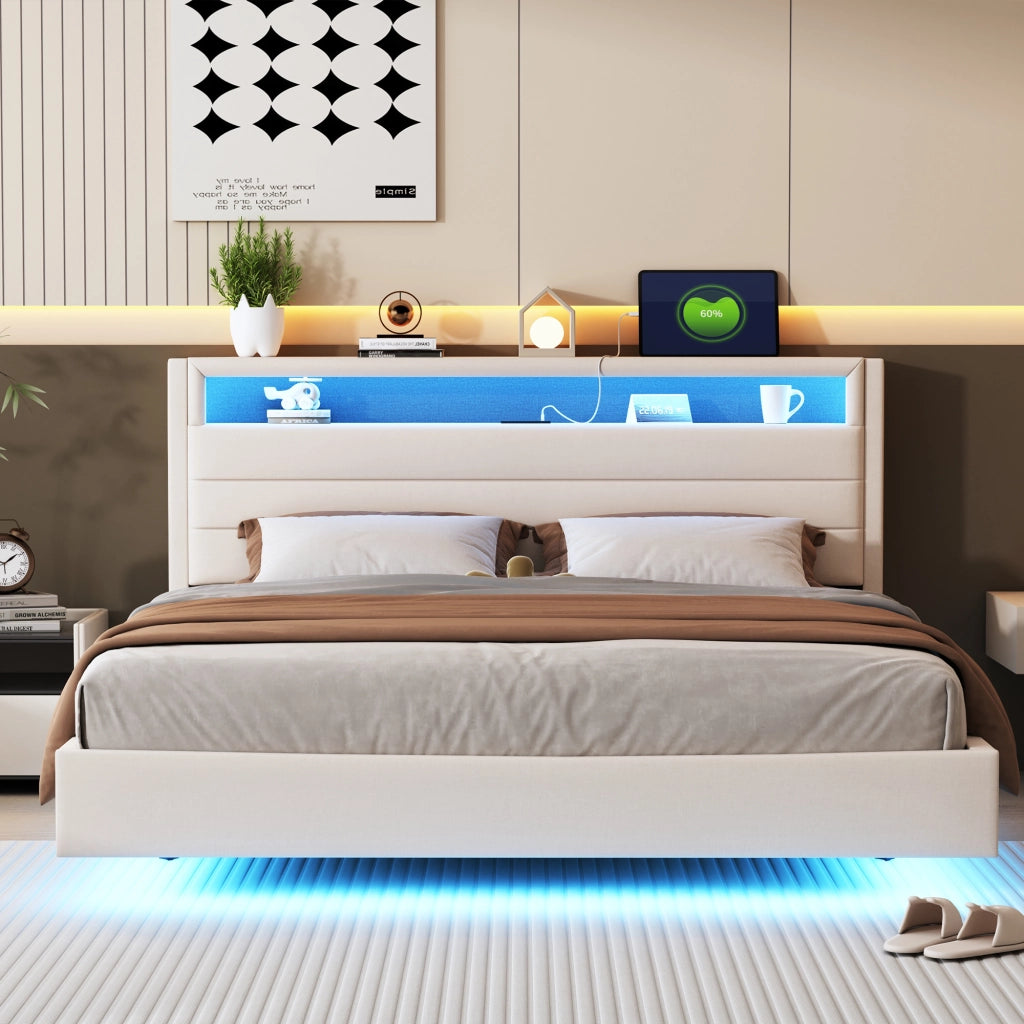 DESMIU Letto matrimoniale 160 × 200 cm con USB, LED regolabile, testiera reversibile e vano, senza materasso, beige