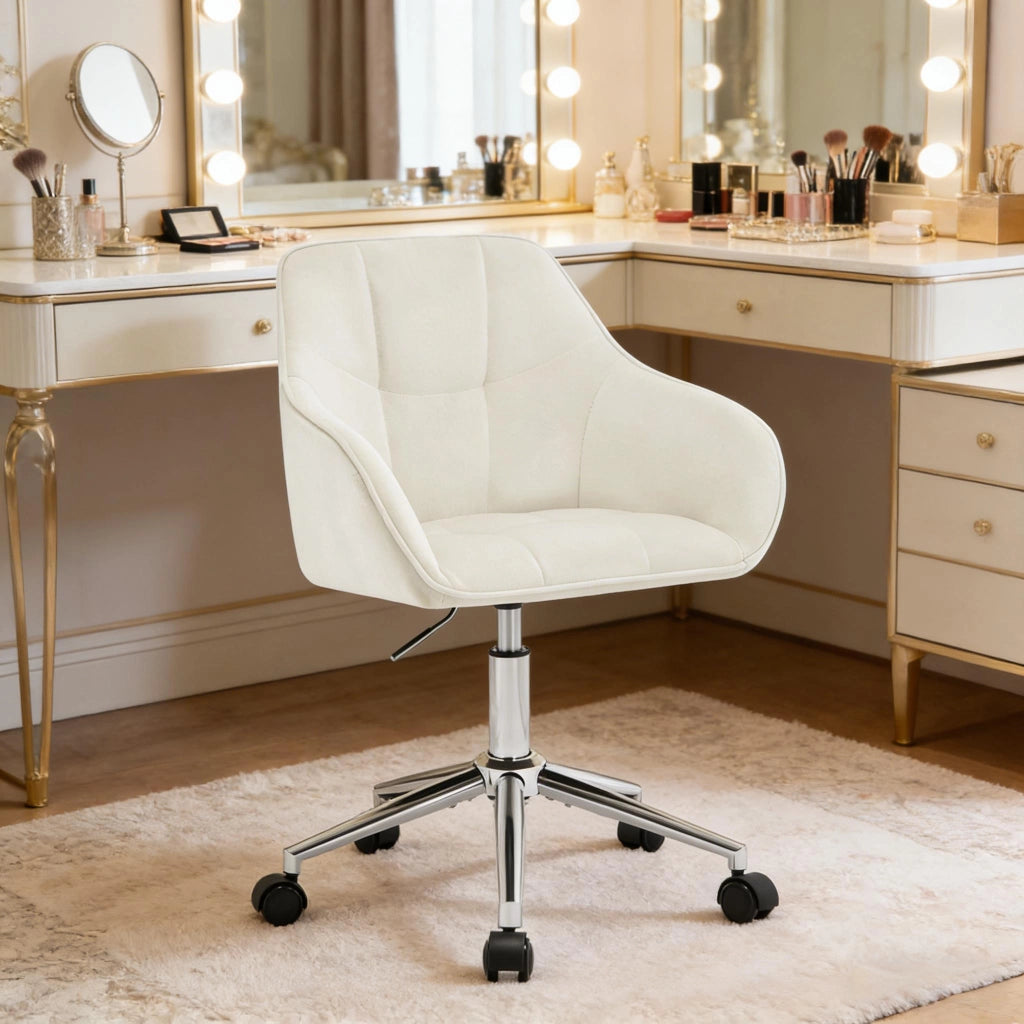 Sedia da ufficio ergonomica girevole in velluto, altezza regolabile, colore crema bianco