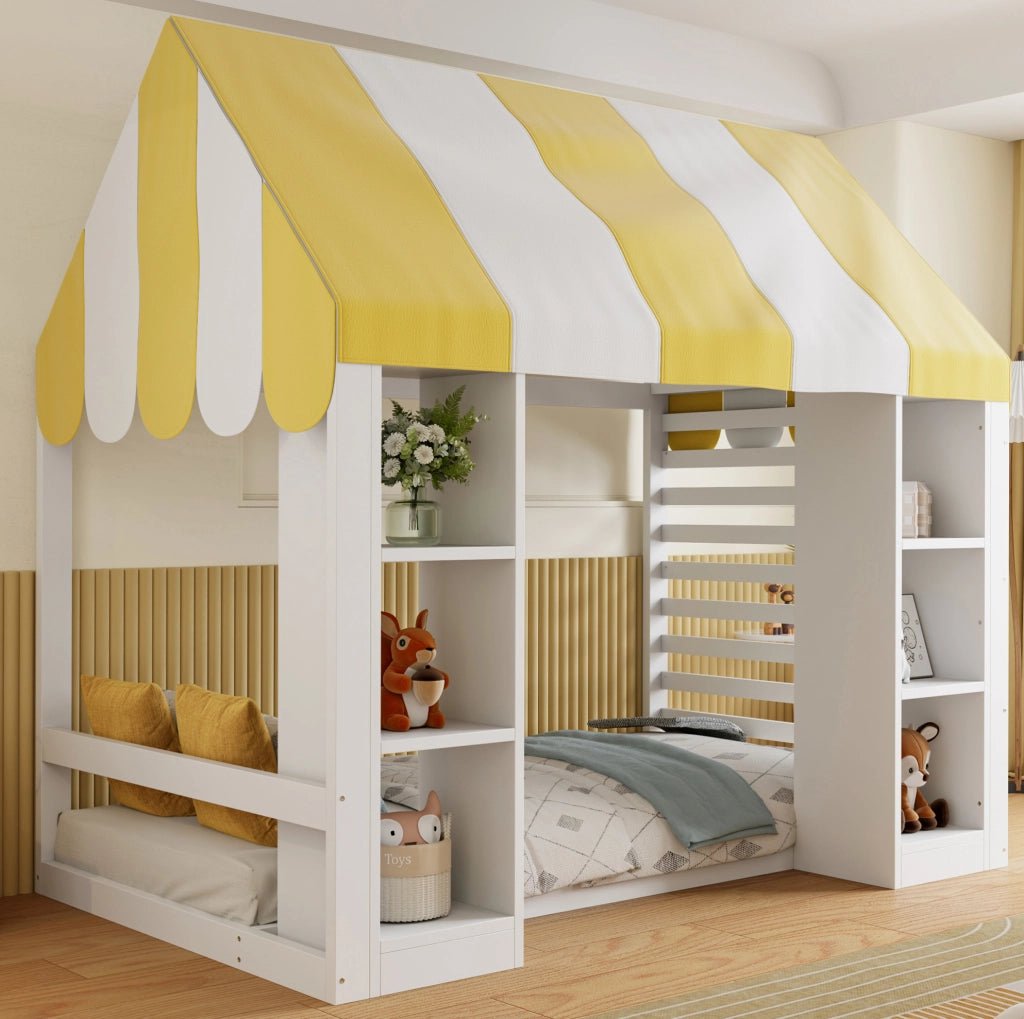 Letto per bambini in stile cottage con baldacchino e vani portaoggetti aperti 90x200 cm; bianco