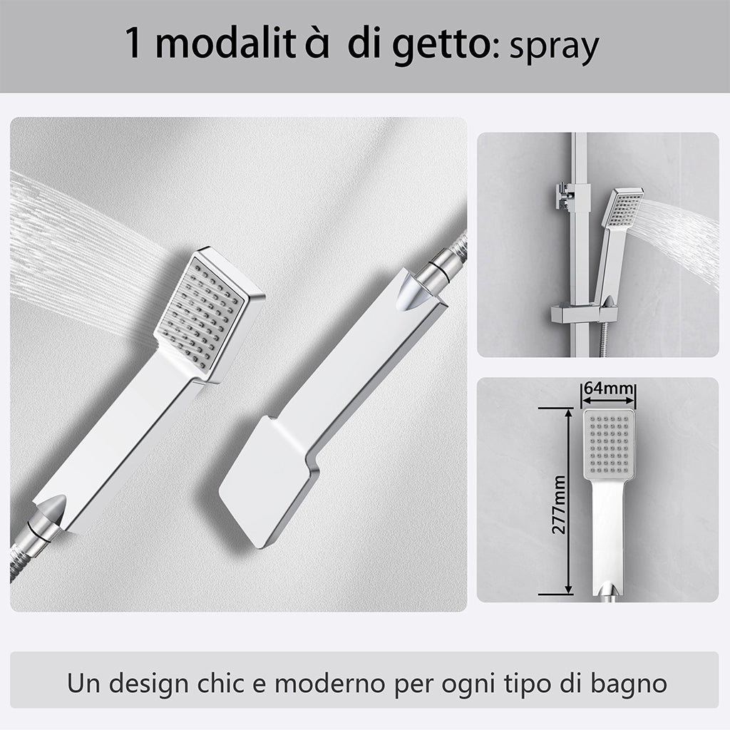Kit doccia con miscelatore termostatico, soffione quadrato 25x25cm, doccetta quadrata 22x6.4cm, colonna doccia regolabile 73-115cm, cromo