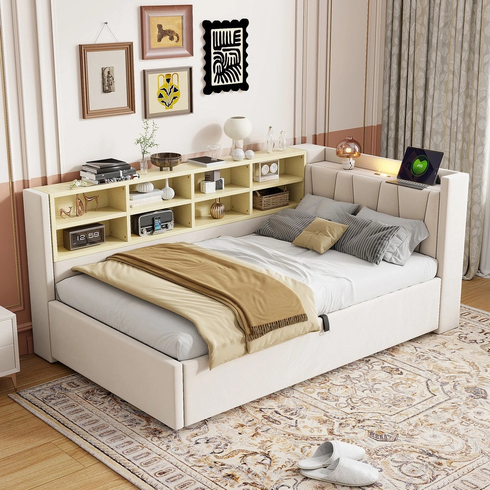Letto Imbottito Contenitore con Testiera, Luce LED e USB ¨C MINIMAL ¨C Velluto Beige 90x200