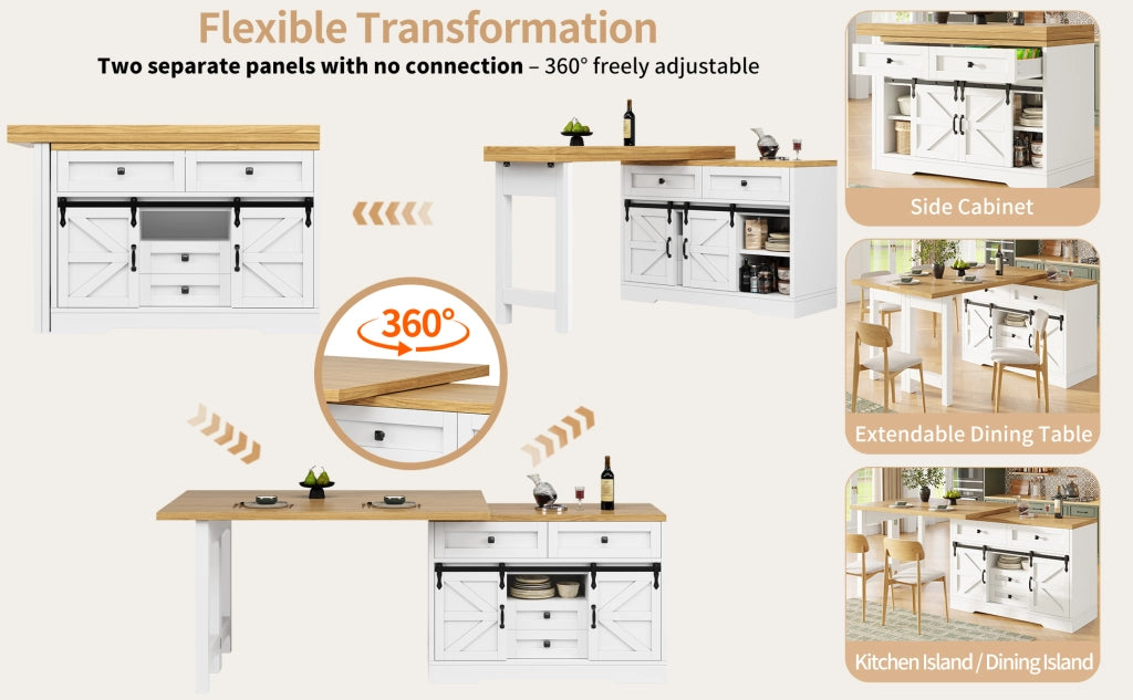 Tavolo da pranzo con mobile laterale e piano girevole 360 per cucina e sala da pranzo in MDF bianco 120 × 40 × 72 cm