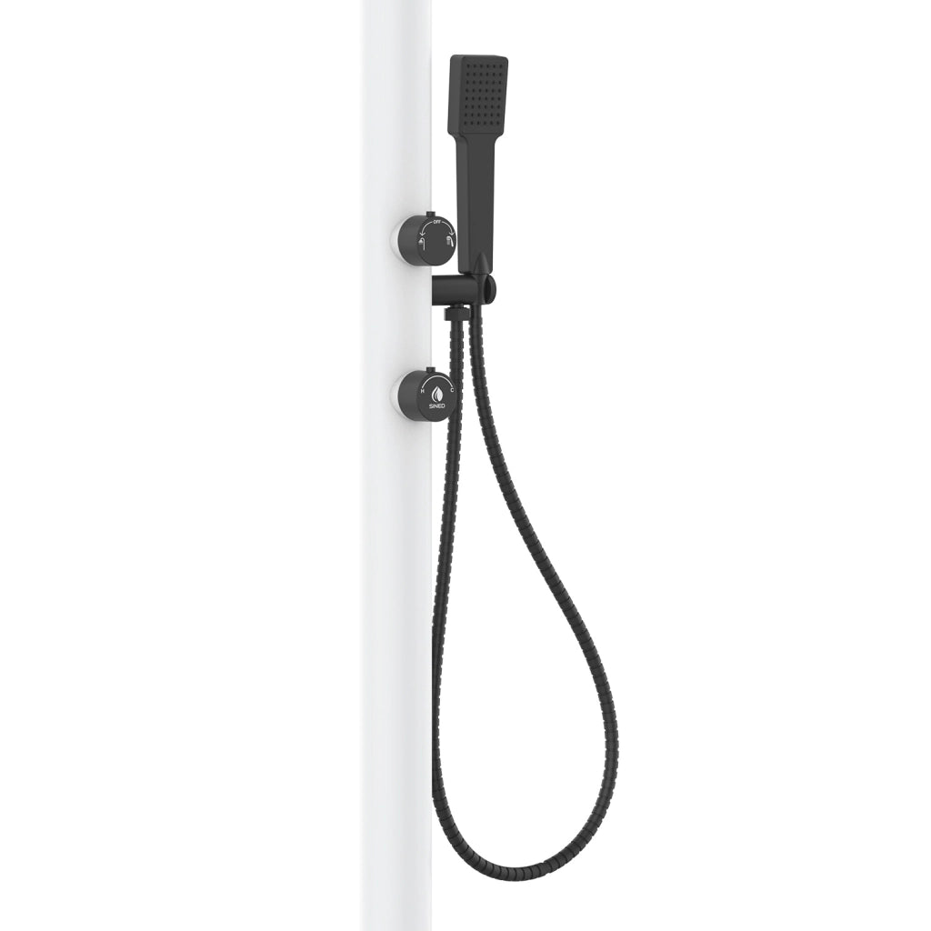 SINED Doccia Bianca In Alluminio Luna Con Doccino Mobile per Acqua Calda e Fredda Soffione Rotondo Doppio Attacco Inferiore e Laterale Ugelli Anticalcare LUNA ALU D BIANCA