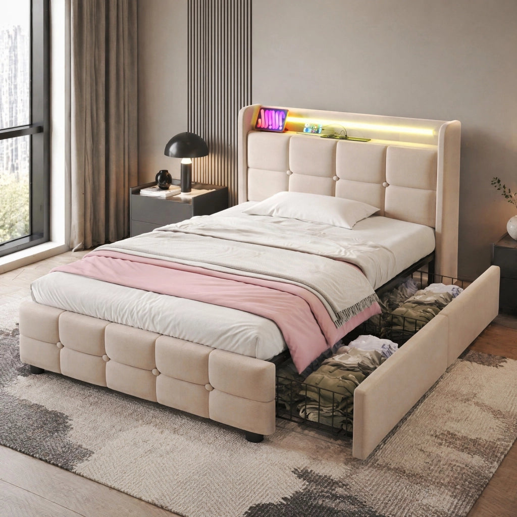 Letto singolo 90x200 cm con USB; prese; LED e 2 cassetti; beige
