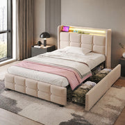 Letto singolo 90x200 cm con USB; prese; LED e 2 cassetti; beige