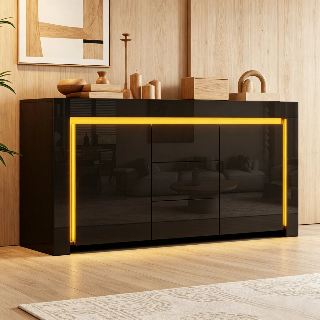 MADIA 140x40x65 cm MDF Nero Lucido con LED 2 Ante e 3 Cassetti