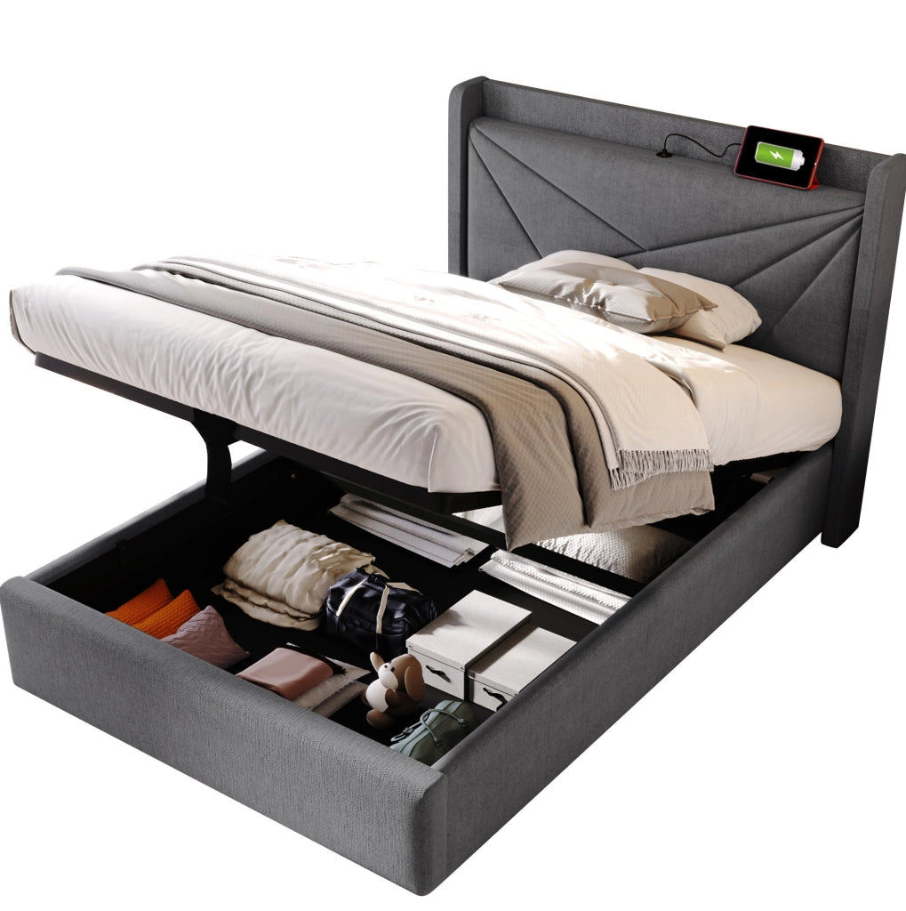 Letto singolo imbottito con contenitore 90x200 cm; USB e Type-C; grigio