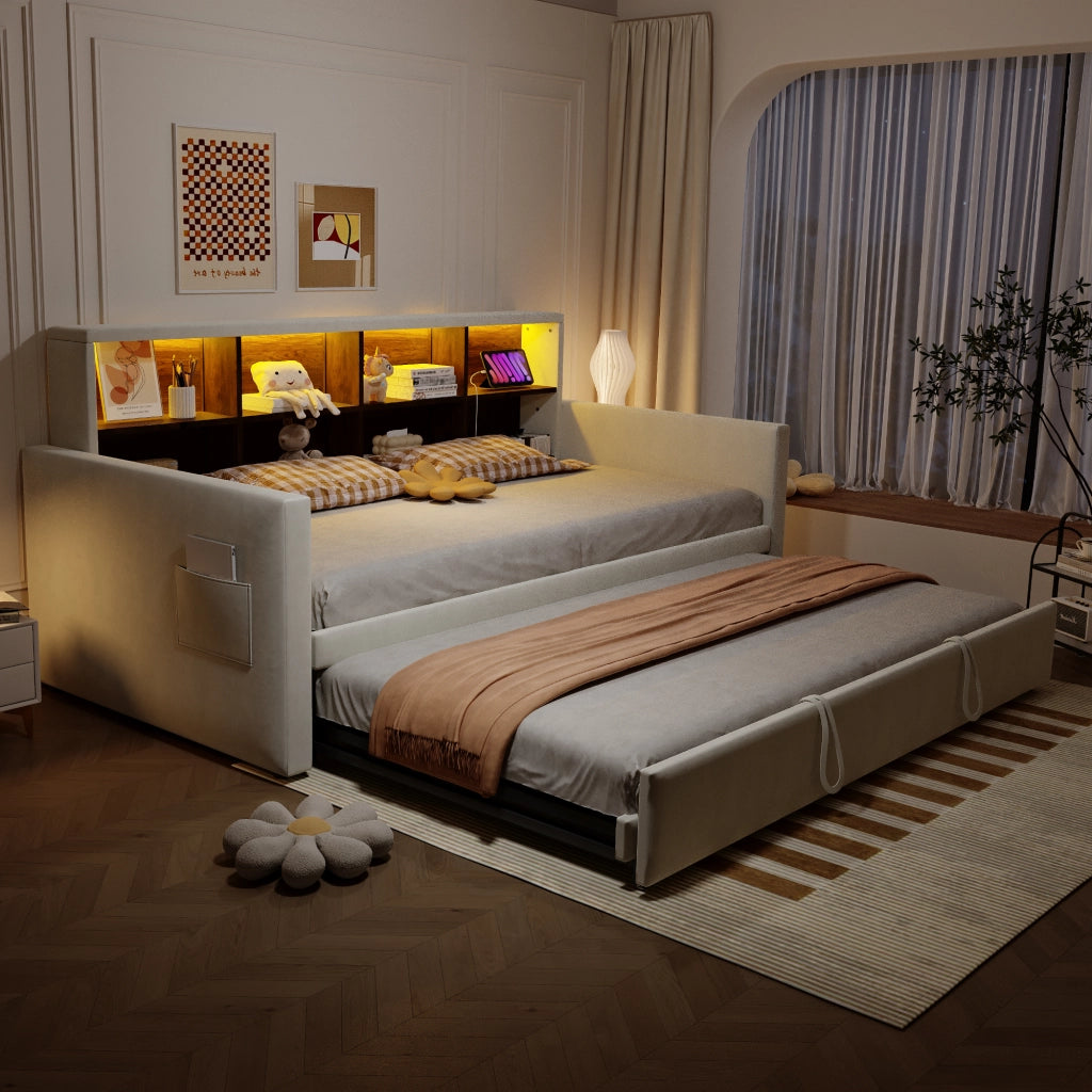 Letto Estraibile 90×190 cm Singolo con LED; USB-C e Ripiani; Estensibile 180×190 cm; senza Materasso; Beige