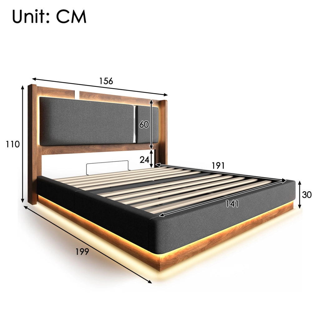 Letto imbottito 140x190 con LED, contenitore idraulico e rete a doghe