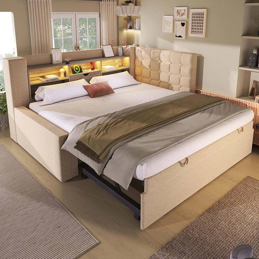 Letto imbottito con letto a scomparsa - Xylo - 90x200 cm - Beige - LED, testiera a L con spazio di archiviazione