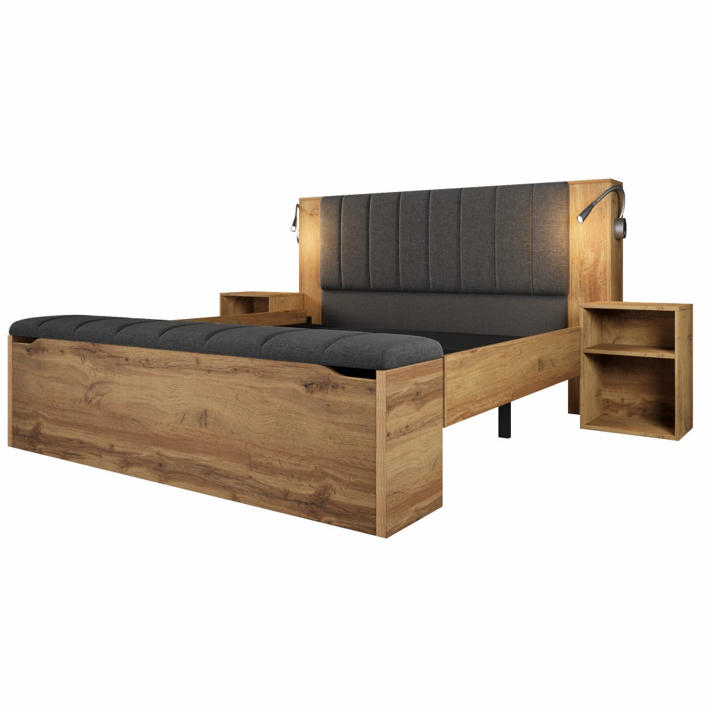 DESMIU Letto Matrimoniale 160 × 200 cm con Lampada da Lettura USB, 2 Comodini, Panca Contenitore, senza Materasso, Rovere