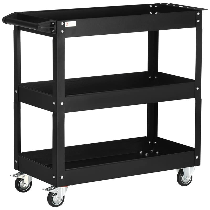 CARRELLO PORTA ATTREZZI A 3 LIVELLI IN ACCIAIO CON BORDI ALTI E 4 RUOTE GIREVOLI 83X35.3X76 CM NERO