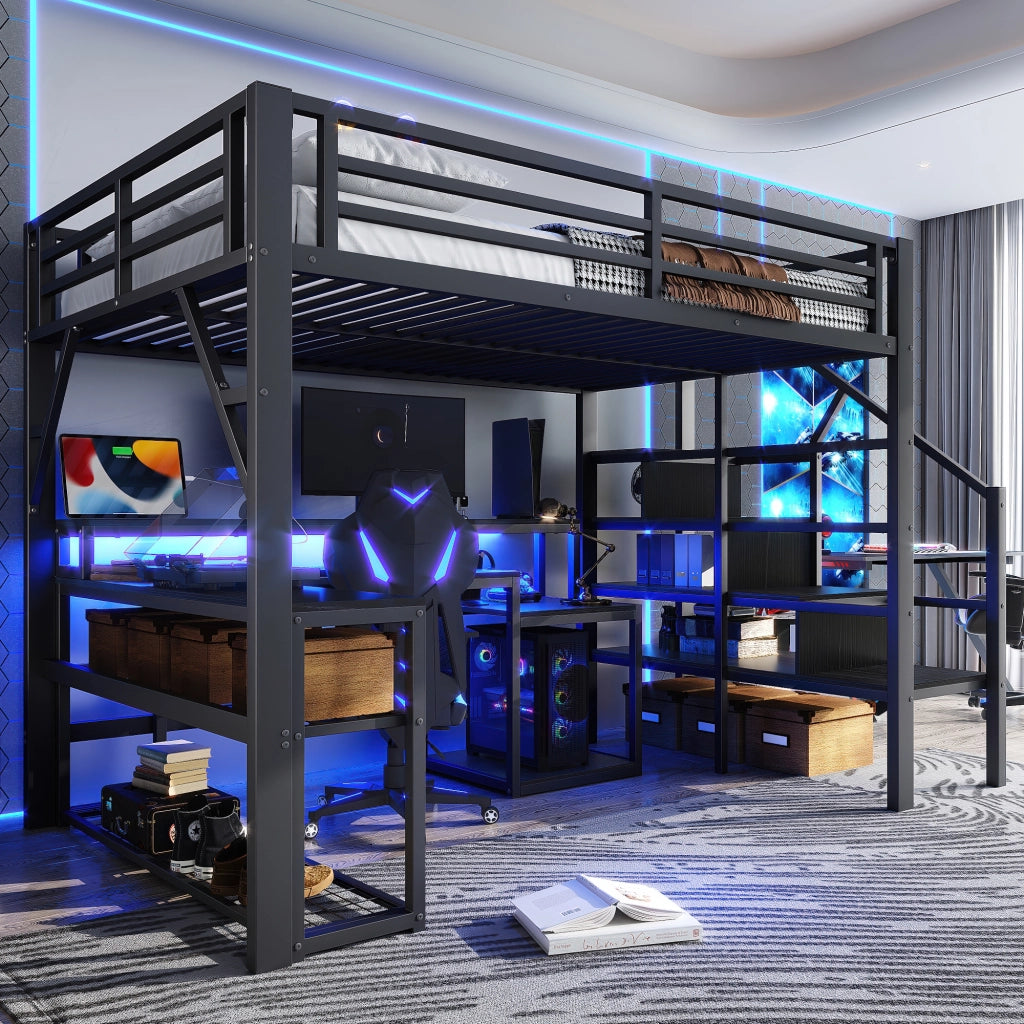LETTO A SOPPALCO 140 x 200 cm in metallo nero con scrivania, LED e USB