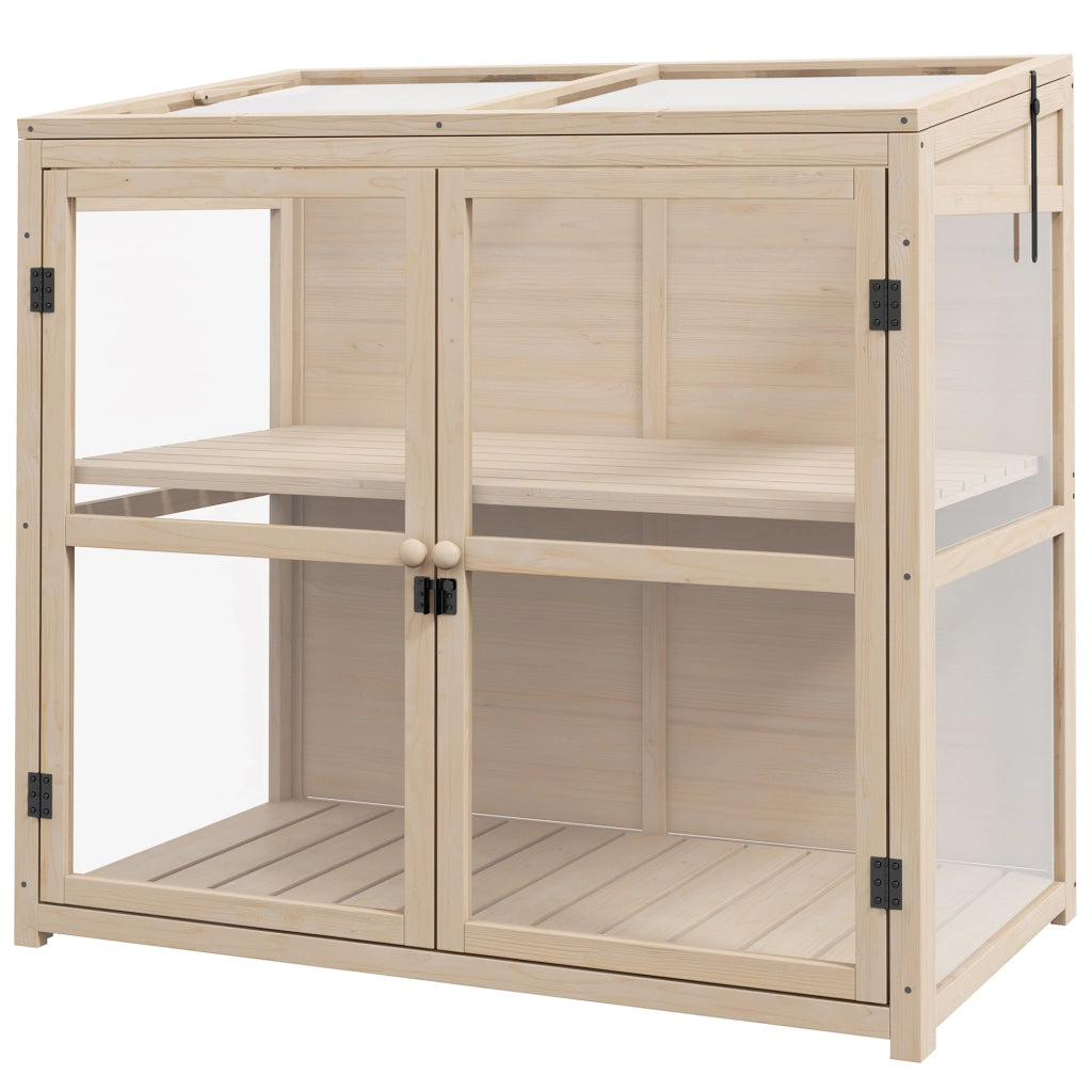 Serra fredda in legno a 2 livelli con doppie porte e finestra sul tetto, antivento, finitura naturale, 103x61x103 cm