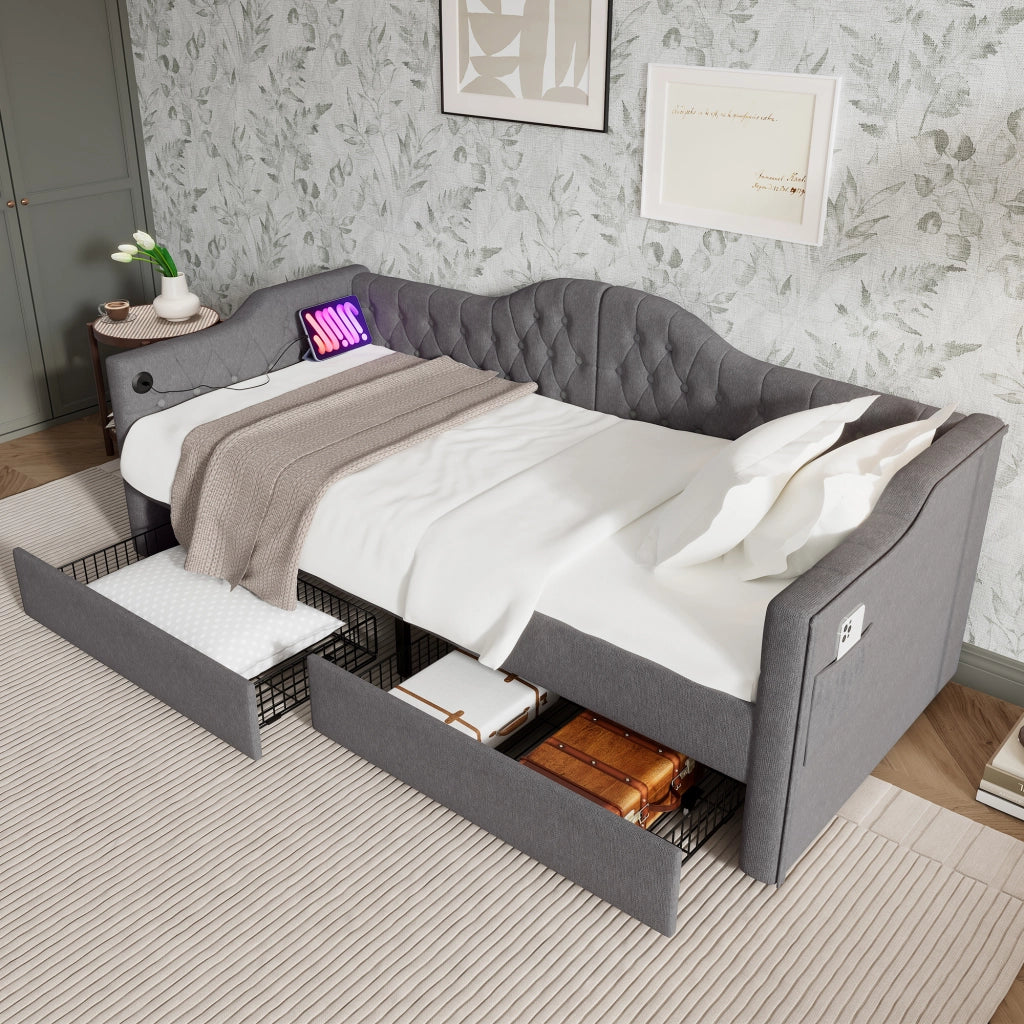 LETTO divano 90x190 cm in lino grigio con USB Type-C e 2 cassetti