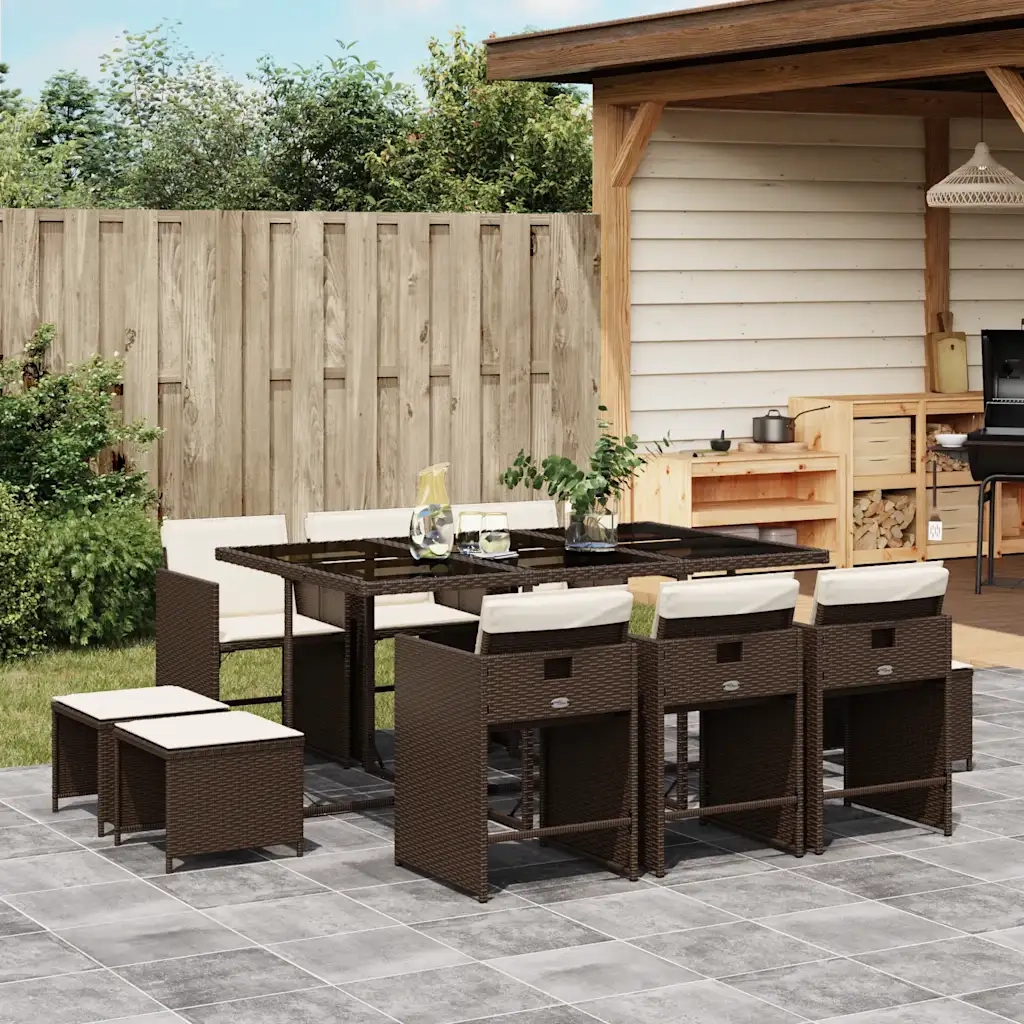 Set da Pranzo da Giardino 11 pz con Cuscini Polyrattan Marrone