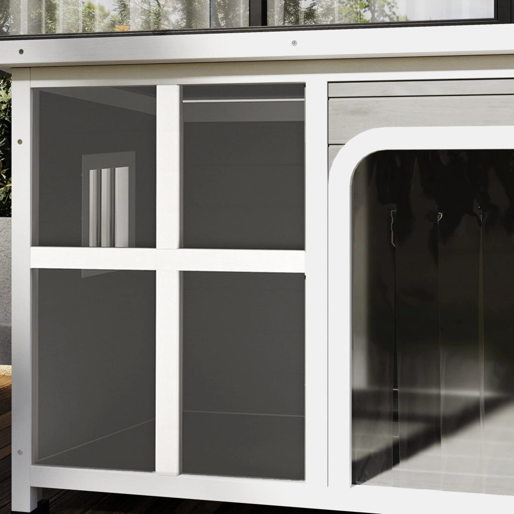 Cuccia per Cani di Taglia Piccola e Media 90x62x71 cm con Finestrelle e Ingresso a Tenda in Legno di Abete Grigio Chiaro
