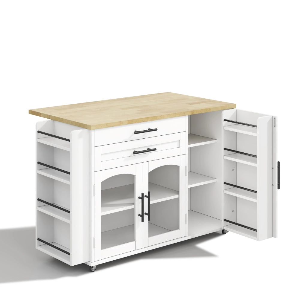Isola da cucina mobile in MDF naturale e bianco con piano ribaltabile; 120 x 45/70 x 90 cm