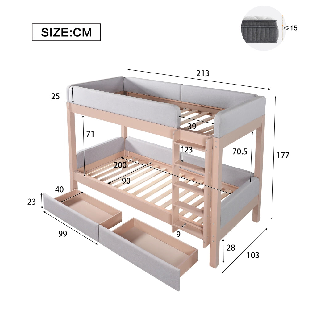 Letto a castello funzione salvaspazio legno grigio naturale 90x200 cm