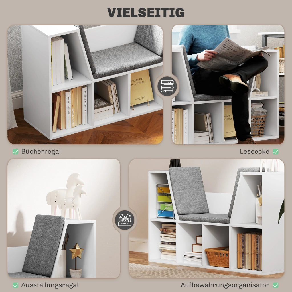 Libreria con cuscino di seduta, ripiano contenitore con 6 scomparti, effetto lino, piccola libreria per soggiorno, camera da letto, 105 x 30 x 63 cm,