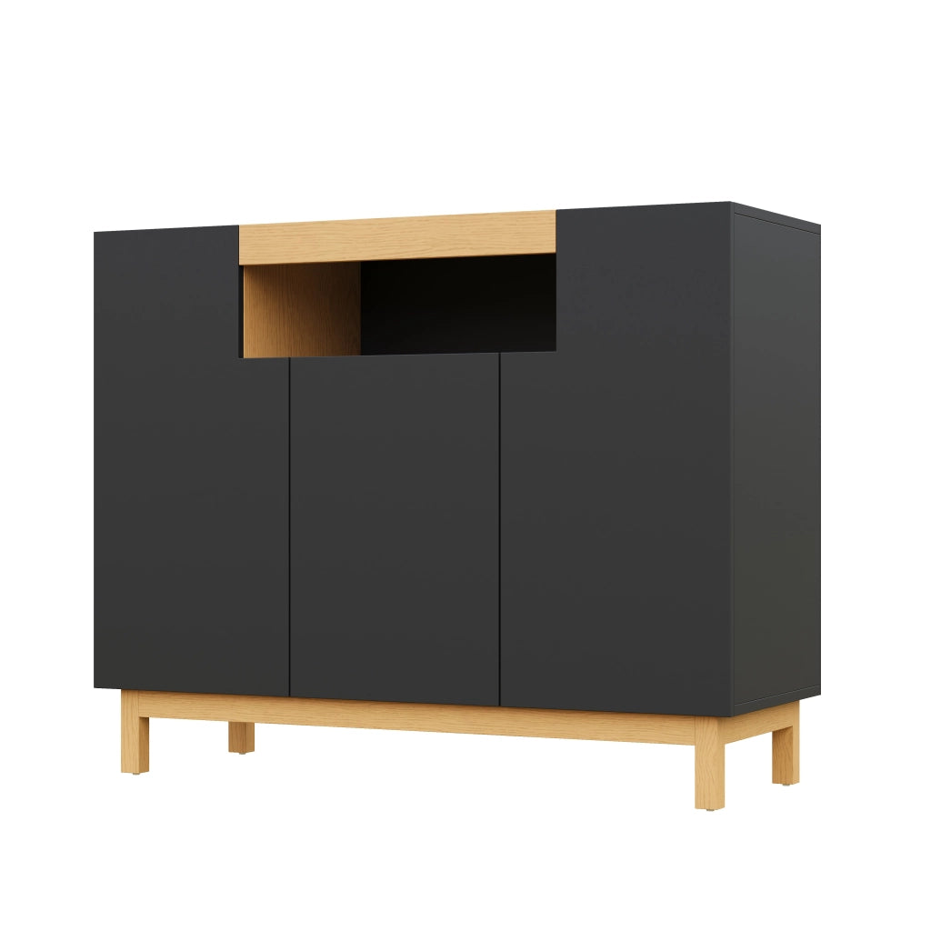 Credenza a 3 ante con nicchia aperta e vani chiusi per soggiorno e sala da pranzo; nera; 120.5 × 42 × 96 cm