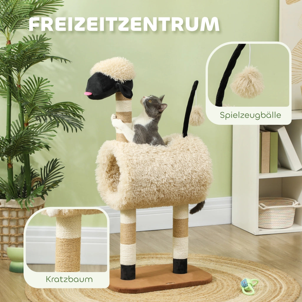 Tiragraffi per gatti con tunnel e giocattoli ¨C Minimal ¨C 98 cm, colore beige