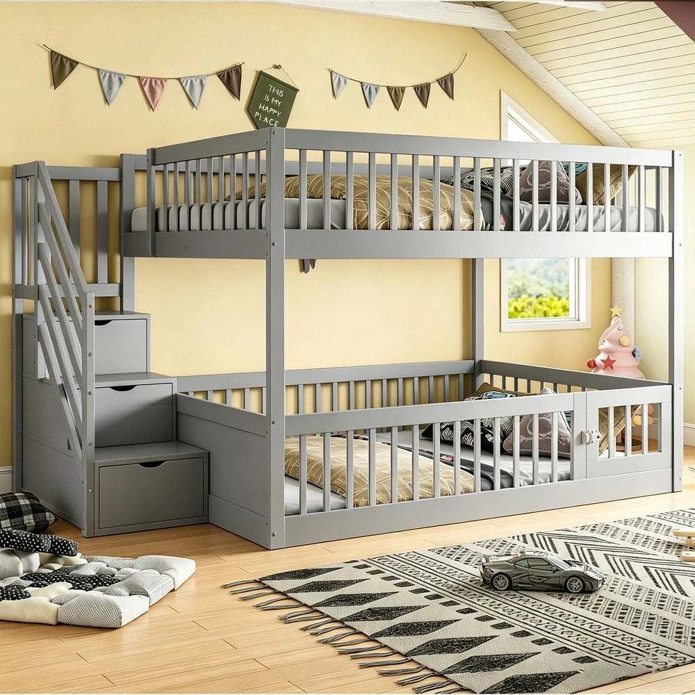 Letto a Castello 140x200 con Cassetti e Scala ¨C MINIMAL ¨C Grigio, Legno