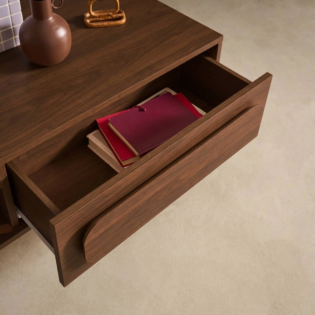 Tavolino basso vintage effetto legno 1 cassetto, noce