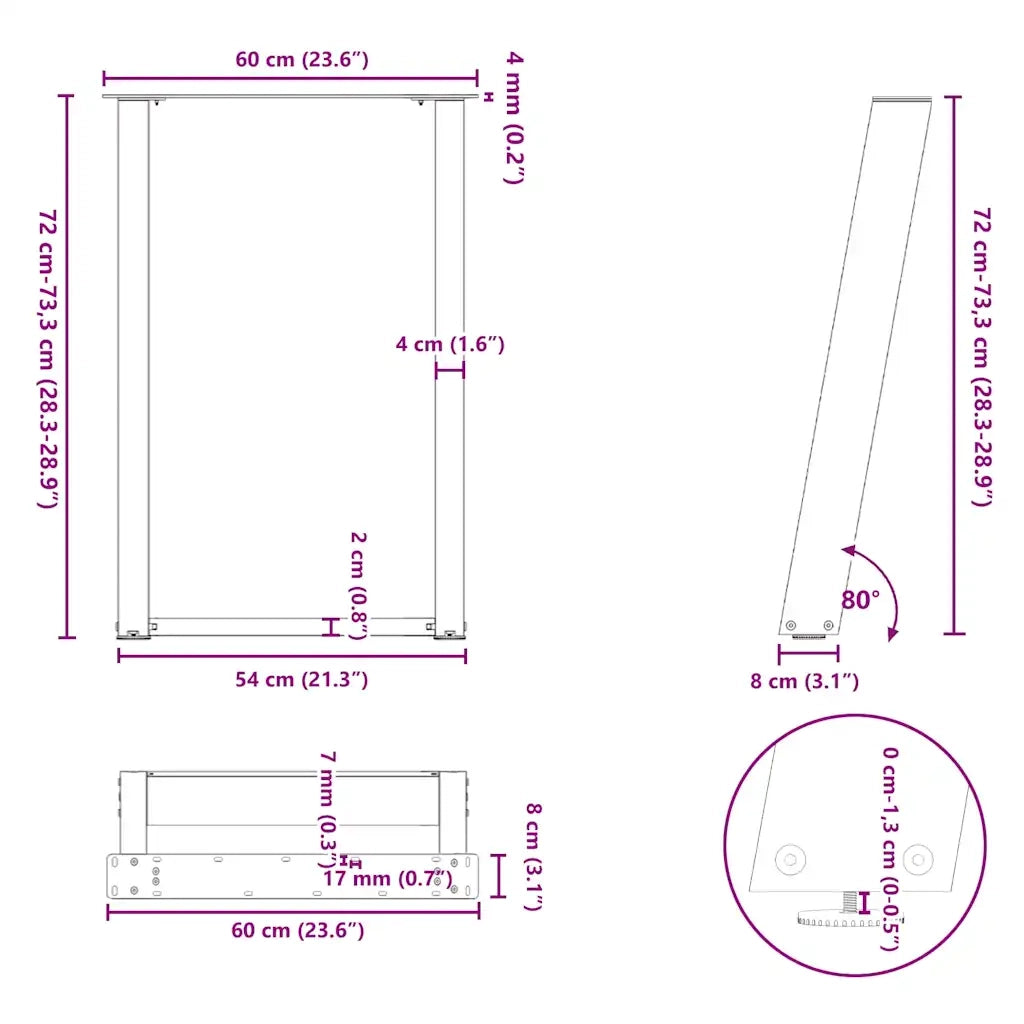 Gambe per tavolo da pranzo a forma di U 2 pz | Piede del tavolo Antracite 60x(72-73) cm Acciaio