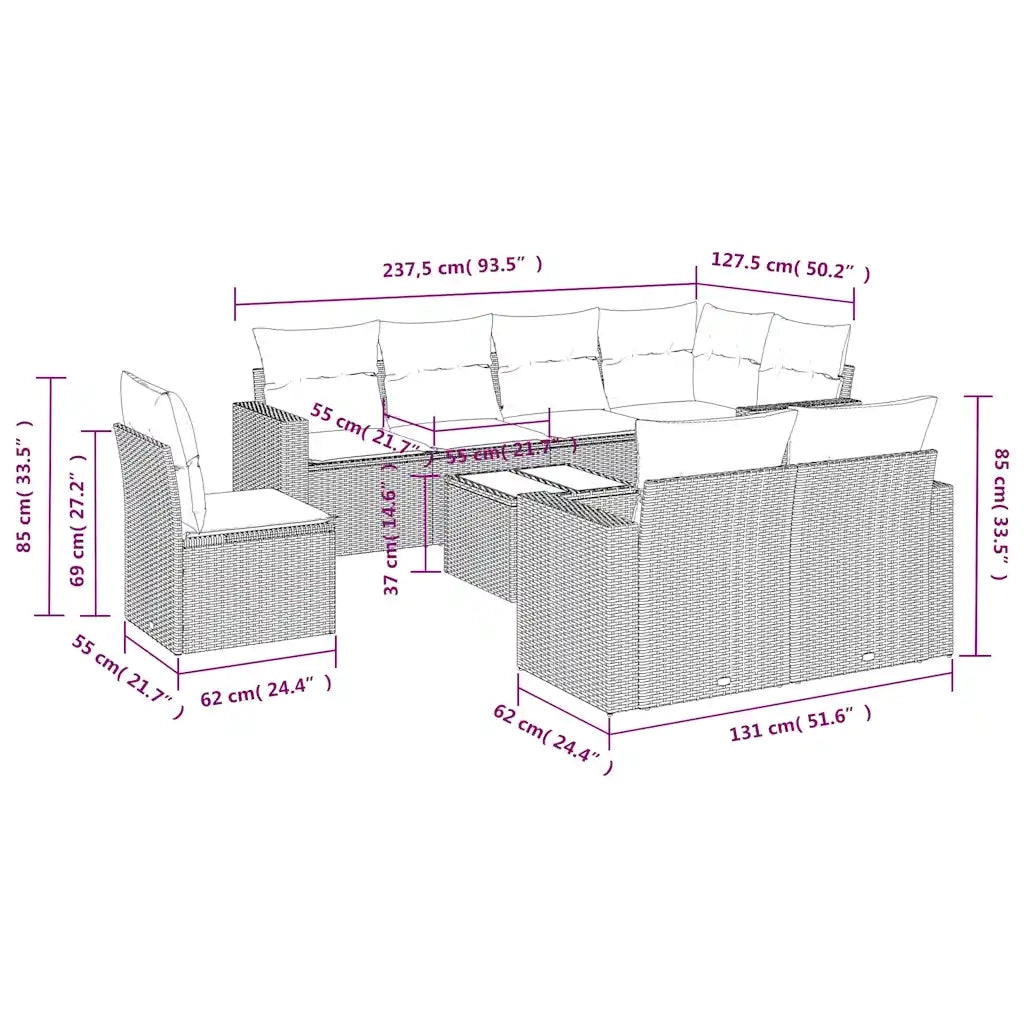 Set Divani da Giardino 9pz con Cuscini Marrone in Polyrattan