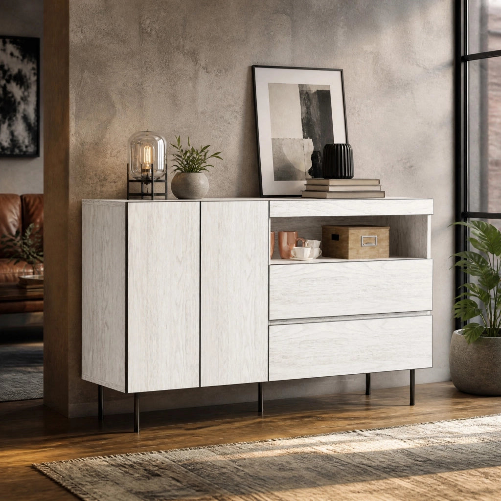 SIDEBOARD con 2 ante, 2 cassetti e ripiani aperti 140x42x77 cm bianco