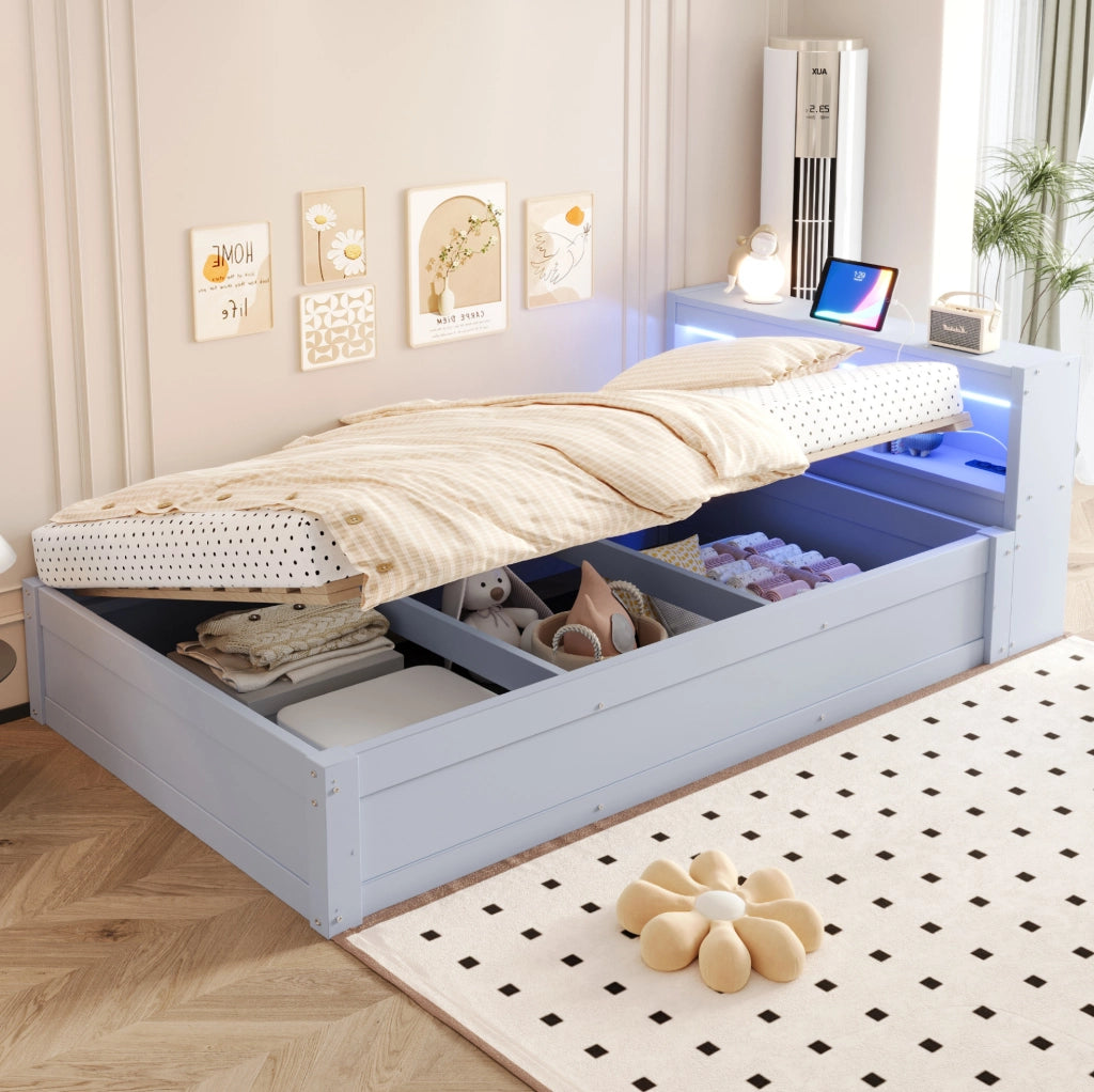 Letto multifunzionale 90x200 cm con vano contenitore, LED e presa integrata