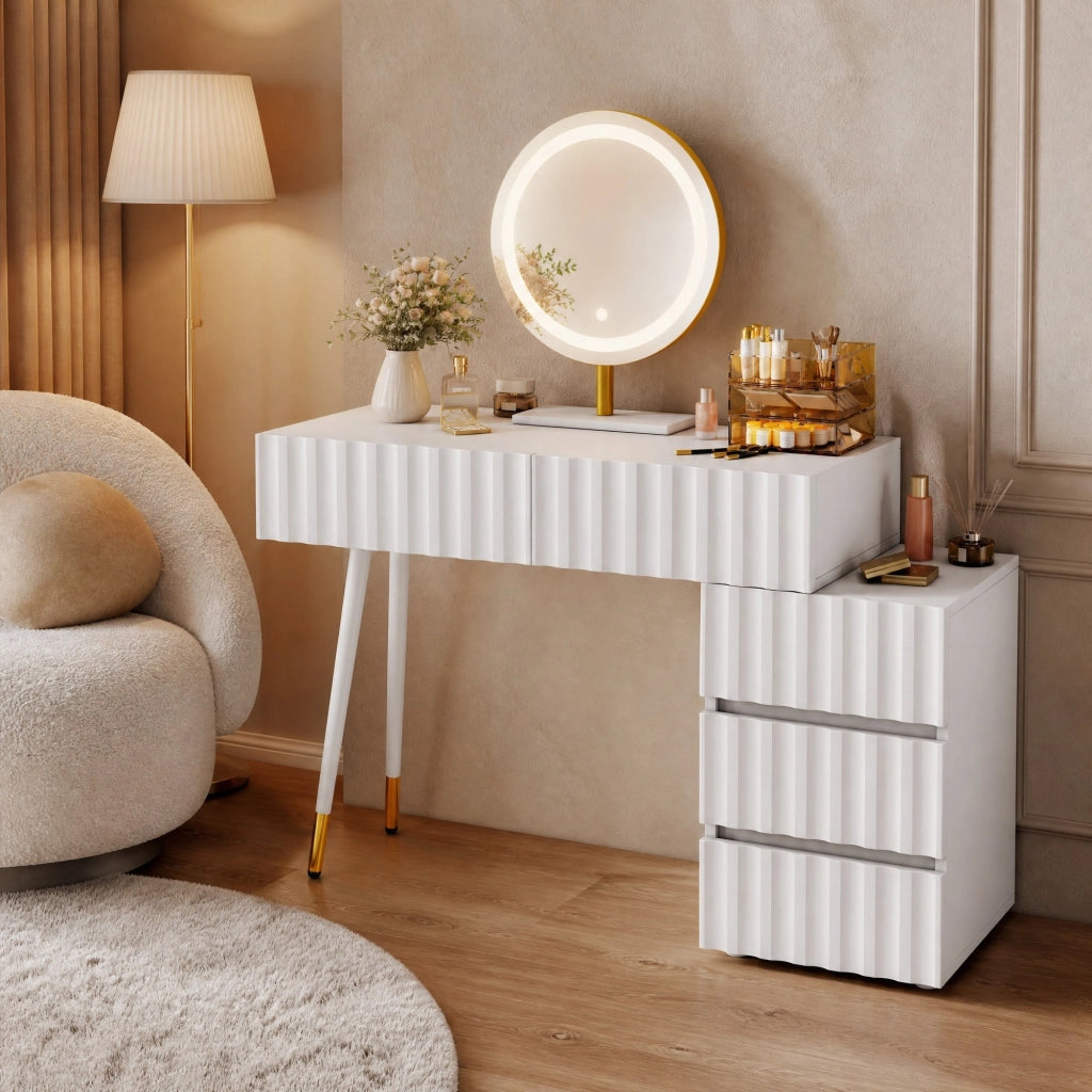 TOELETTA con specchio LED, 100x40x127 cm, bianco, 5 cassetti