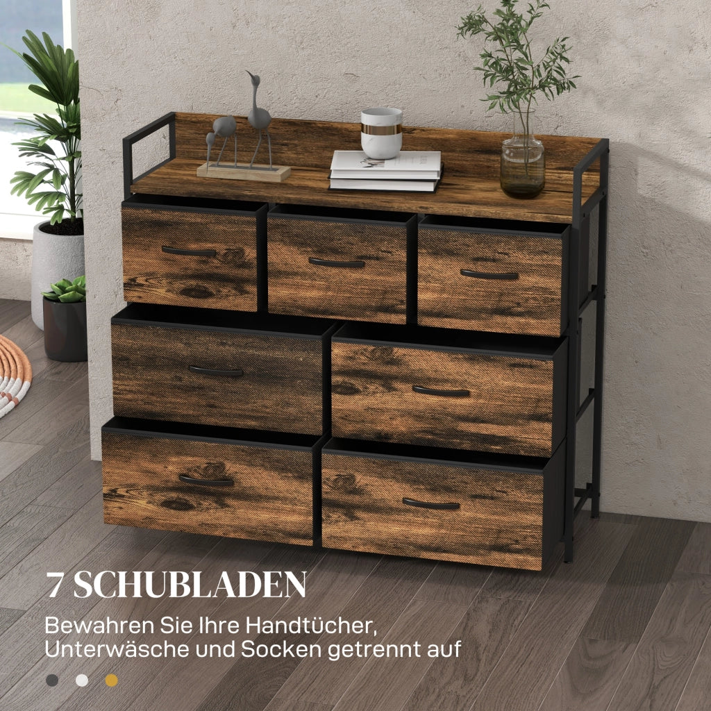 Cassettiera con 7 cassetti in tessuto, design industriale ¨C zephmum ¨C marrone/nero, 98x29x85cm