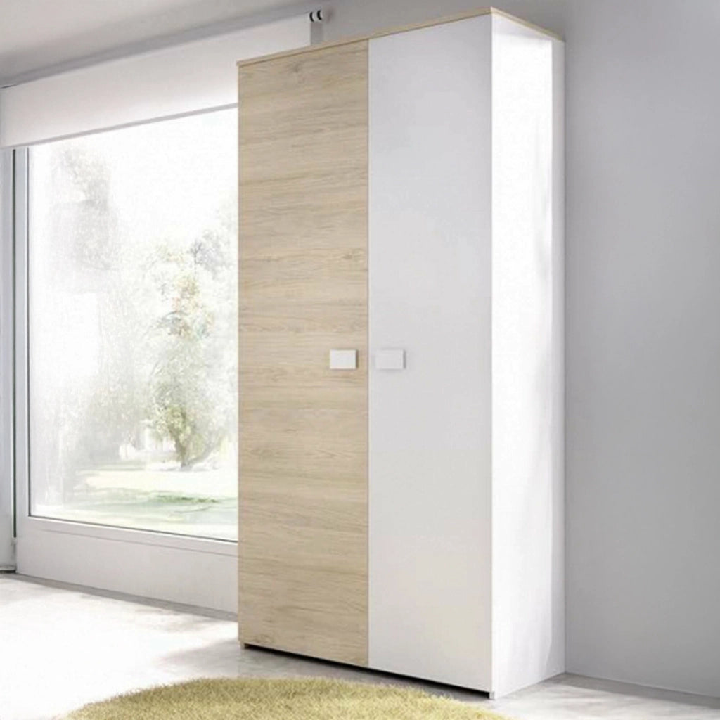 Guardaroba 2 ante Firmin, Mobile camera da letto, Cabina armadio portabiti, Armadio appendiabiti, 90x53 h202 cm, Bianco e Rovere