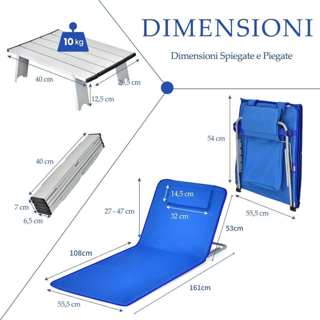 Tappettino da Spiaggia, Set di 2 Tappettini Spiaggia con Tavolino, Materassino Prendisole Pieghevole, Lettino da Spiaggia con Poggiatesta e Schienale Regolabile, Portabile con Tracolla