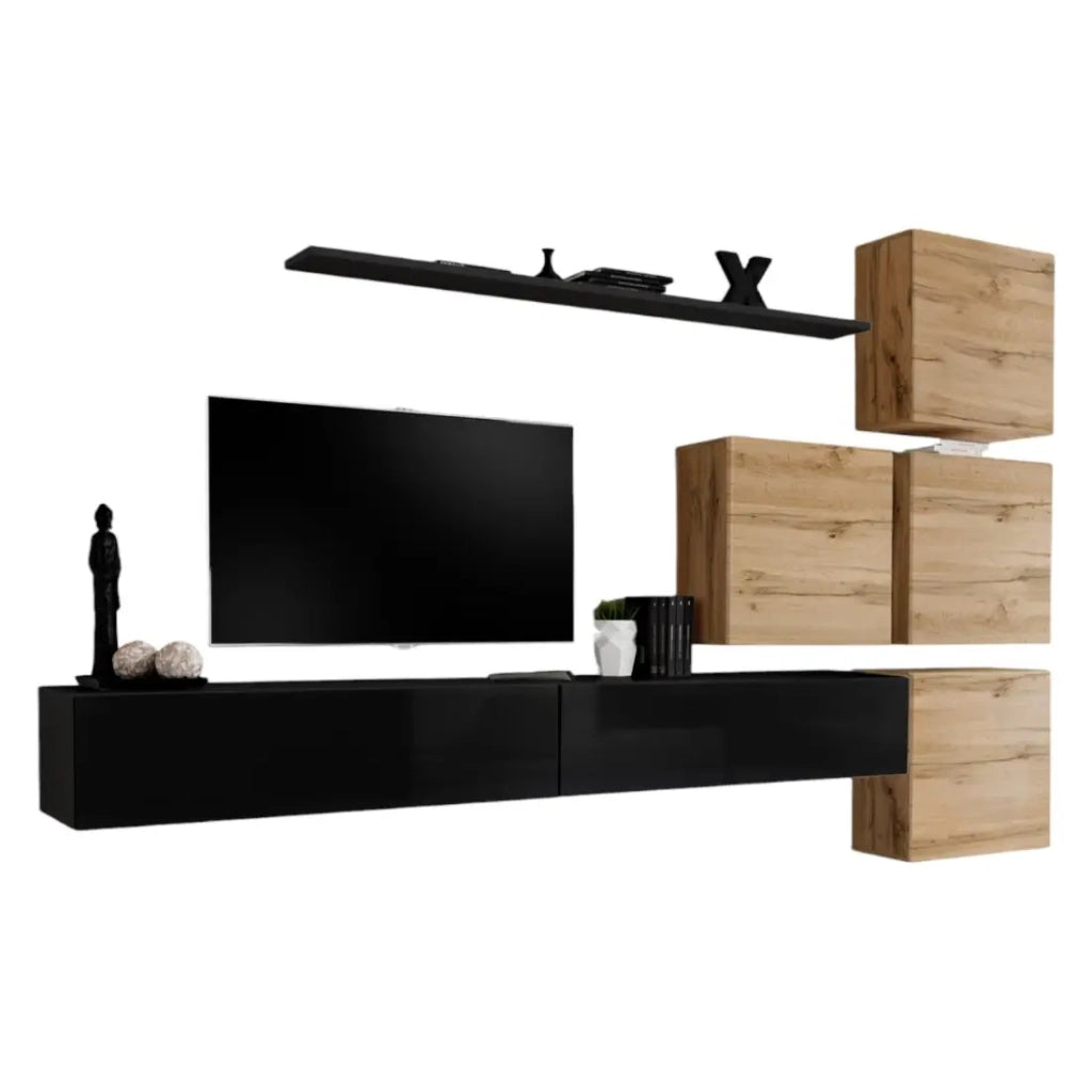 Set di mobili da salotto murale SWITCH IX design, colore nero lucido e quercia Wotan.