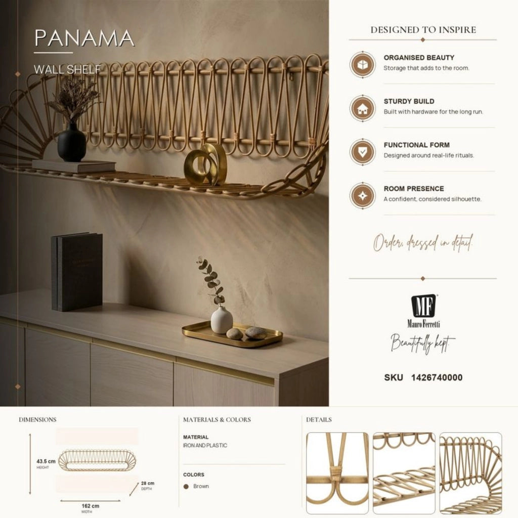 Libreria da muro Panama in ferro e rattan 162x28x43,5 cm